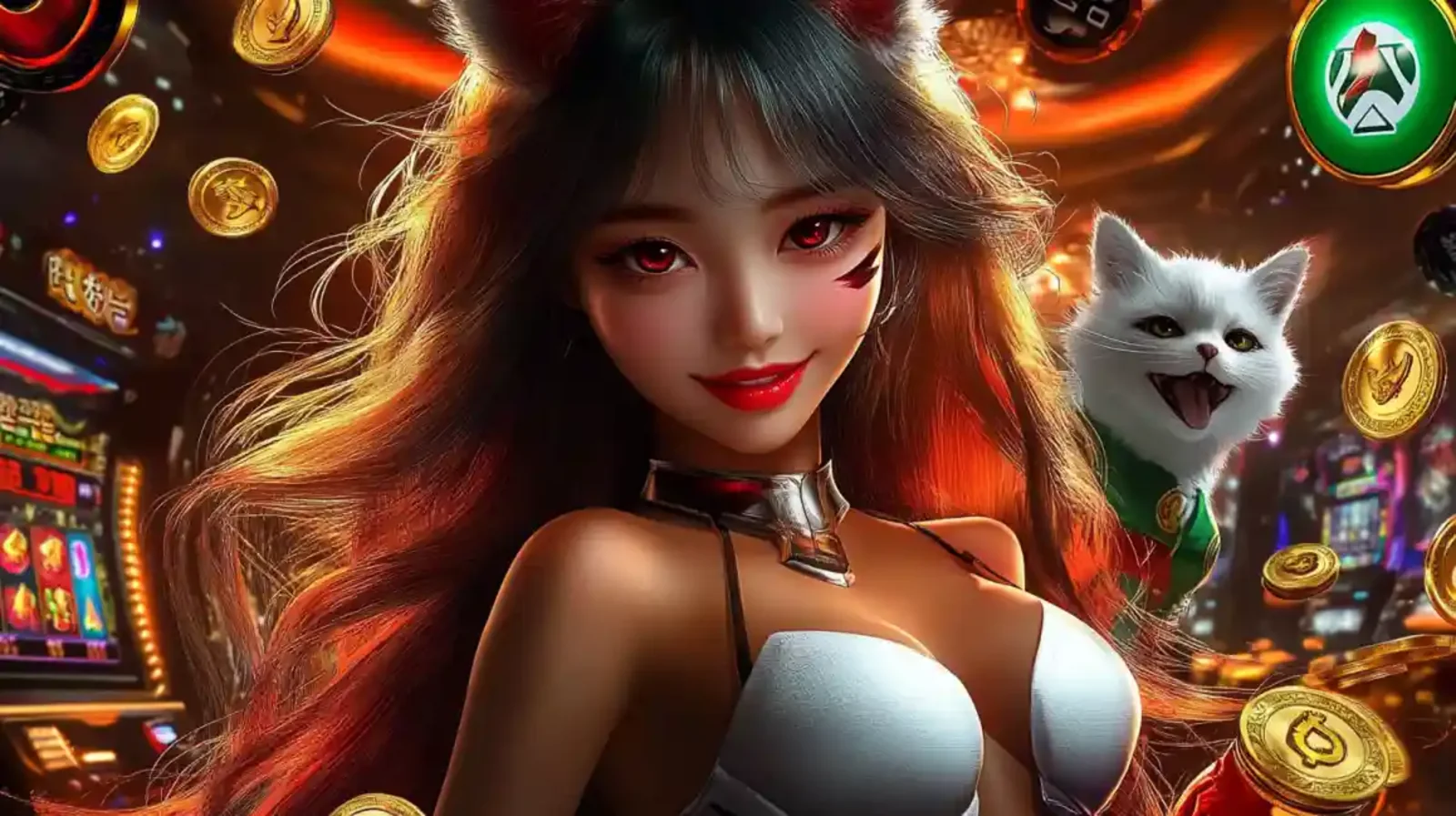 Banner Casino Fantasia Personagem feminina estilizada em ambiente de cassino com moedas e slots