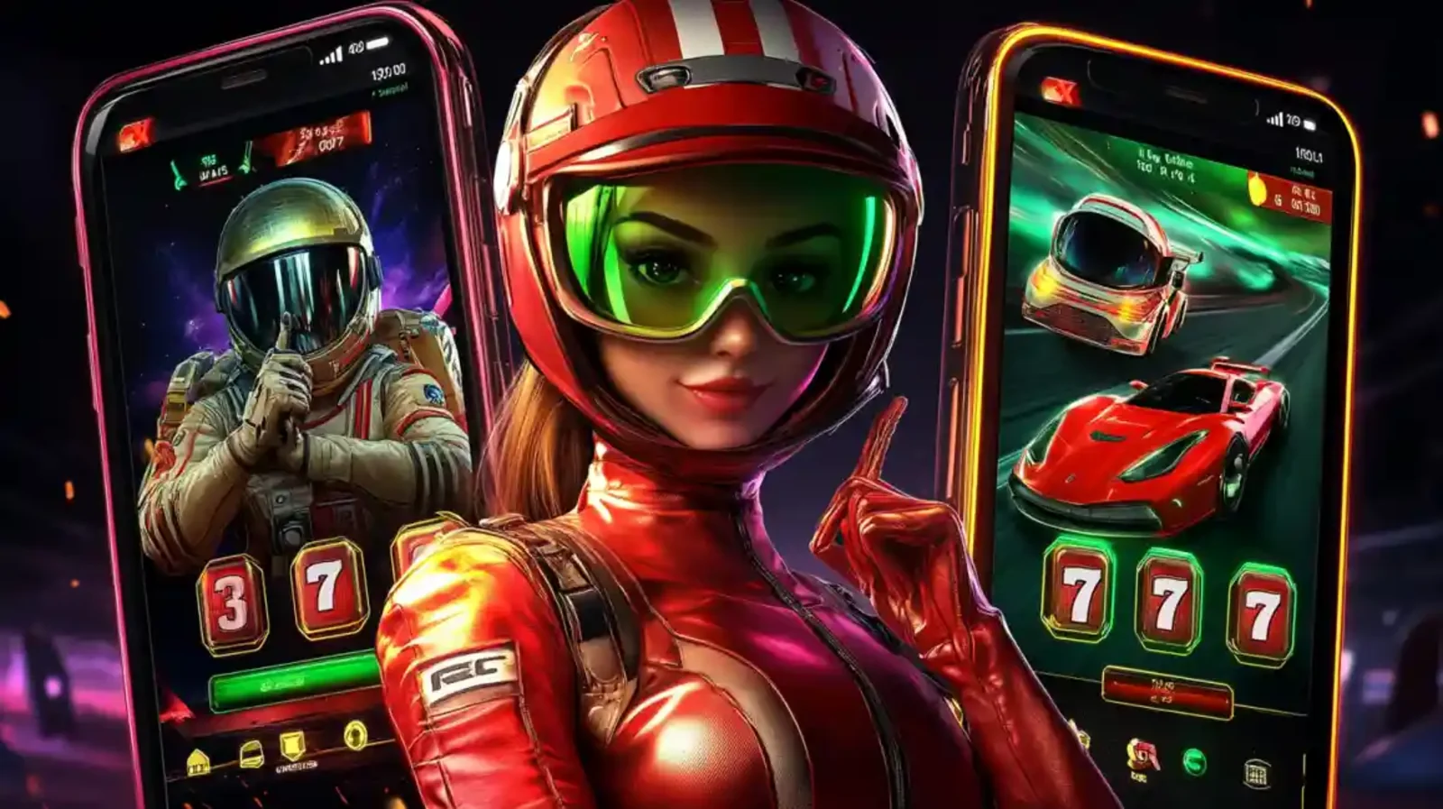 Casino Mobile Jogos Mulher com capacete futurista entre telas de jogos de cassino mobile